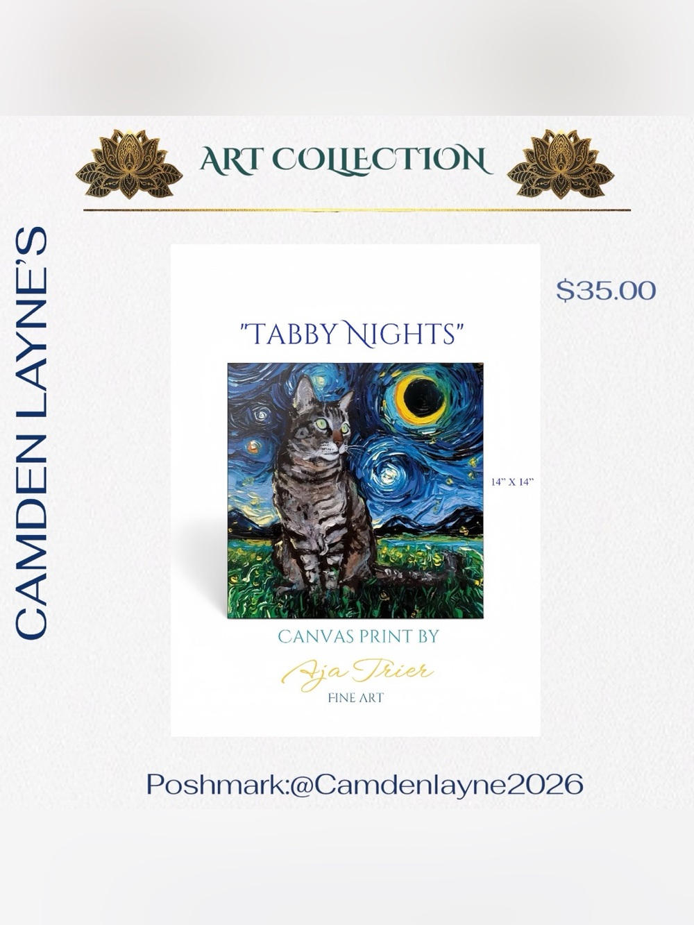 “Tabby Nights” Stretched Canvas Print by Aja Trier- Van Gogh inspired. - Picture 2 of 10